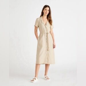 Quince Driftwood Linen Button Front Midi Dress sz M A-Line Belt Short Sleeve